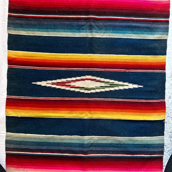 Vintage Wool Serape 62" Fringed Runner Blanket Rainbow Native Mexican American - Picture 11 of 11